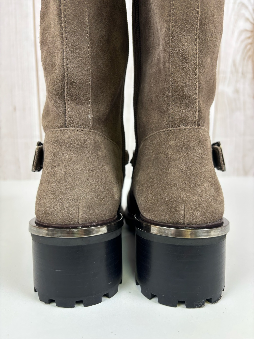Vince Camuto Keshilla Suede Leather Chain Moto Chunky Boots Taupe Size 8.5 - Picture 7 of 14